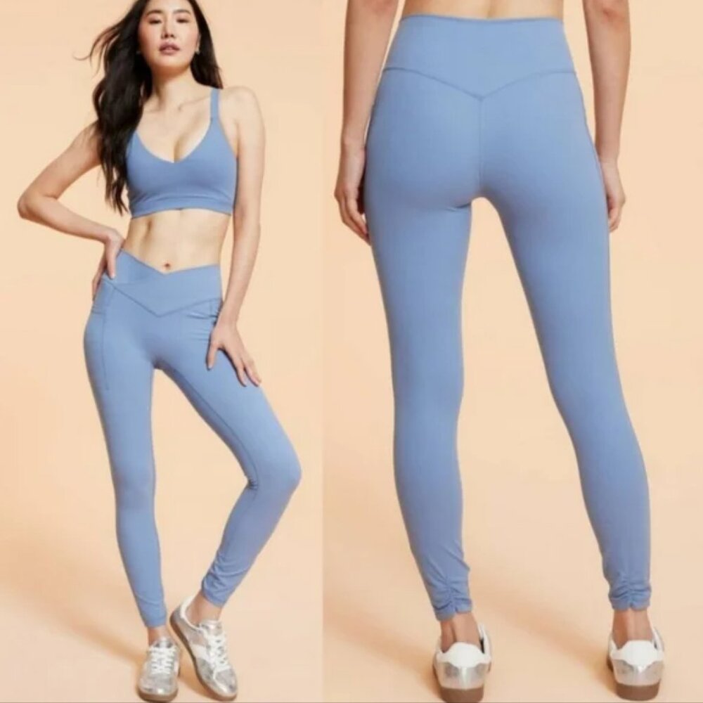 NWT Blogilates Women's XS Steel Blue Crisscross High Rise Ruching Ankle Leggings